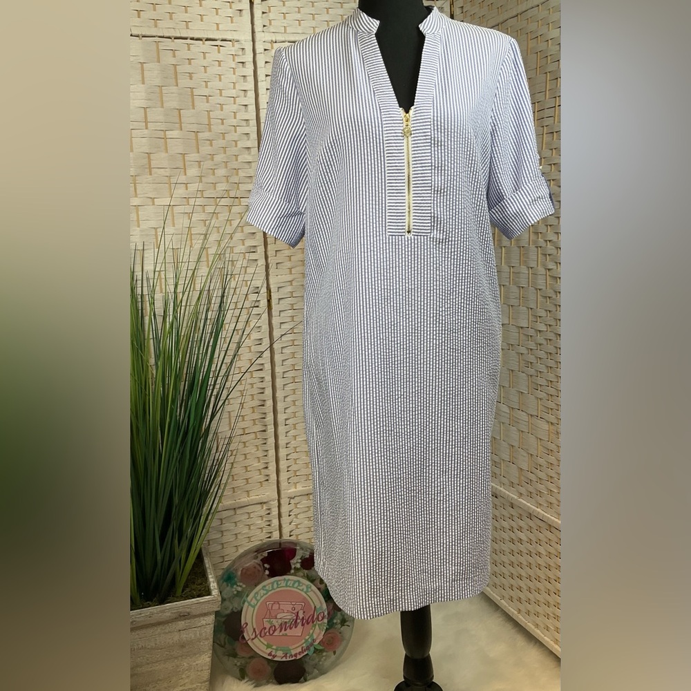 EUC Anne Klein SeerSucker Shirtdress w/Cuff Sleeves & Zipper Front- Sz 8 - Picture 1 of 7